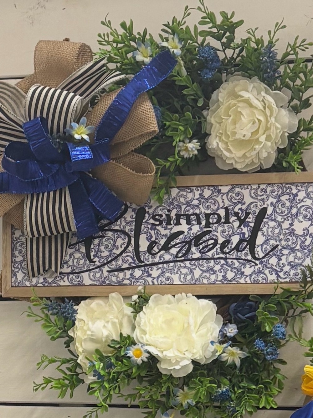 Hand Crafted Simply Blessed Wreath Blue/Cream Faux Florals Final Sa